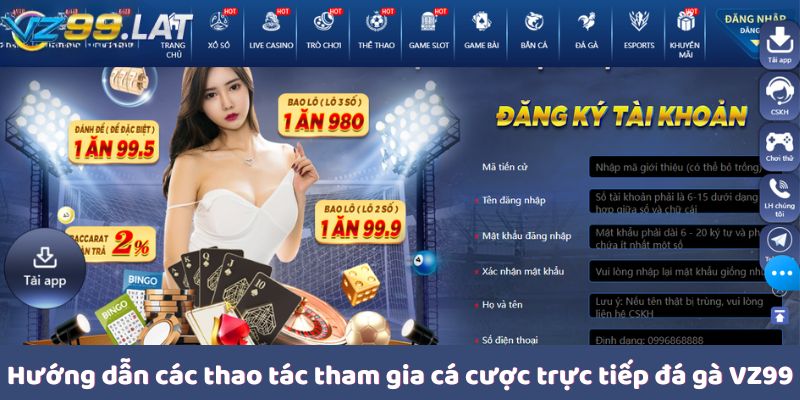 Hướng dẫn các thao tác tham gia cá cược trực tiếp đá gà VZ99